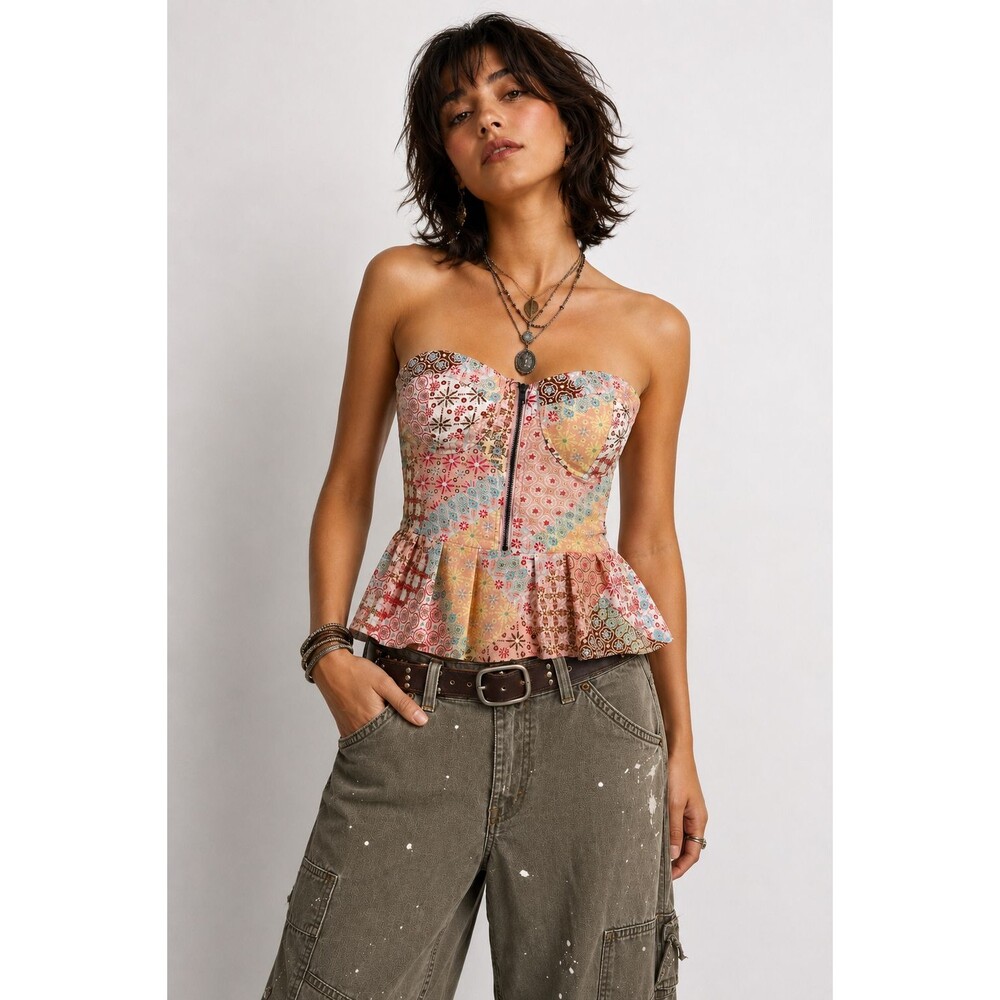 American Rag Cie Patchwork Corset Top Size XS Bustier Peplum Boho Y2K Festival